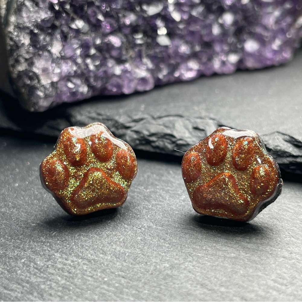 2/$18 Sparkling Reddish Brown Green Golden Glitter Paw Resin Stud Earrings - Picture 3 of 11
